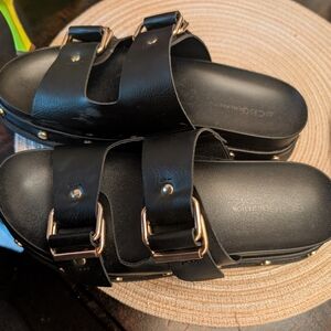 Black Leather Sandals with Gold Buckles